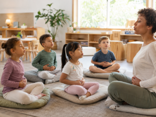 Kinder auf Sitzkissen im Kita-Gruppenraum machen Yoga-Atemübung mit Erzieherin