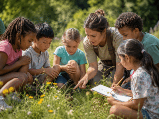 Erzieherin ist mit Vorschulkindern auf der Wiese und beobachtet die Tiere.
