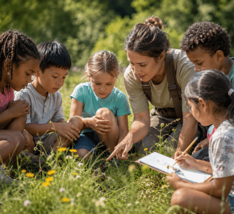 Erzieherin ist mit Vorschulkindern auf der Wiese und beobachtet die Tiere.
