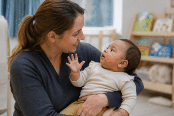 Erzieherin hält Baby zur Eingewöhnung auf dem Arm und beobachtet die Körpersignale des Kindes.