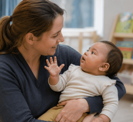 Erzieherin hält Baby zur Eingewöhnung auf dem Arm und beobachtet die Körpersignale des Kindes.