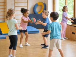Kinder in Turnhalle werfen sich bunten Ball zu