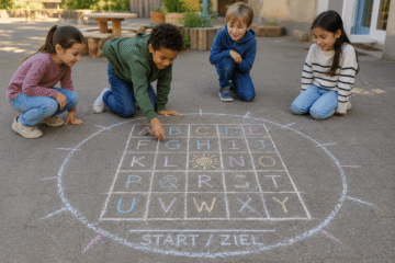 Vier Kinder malen mit Kreide Buchstaben auf den Innenhof der Kita. Lernspiel