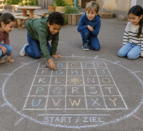Vier Kinder malen mit Kreide Buchstaben auf den Innenhof der Kita. Lernspiel