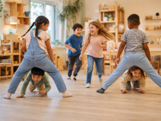 Kinder spielen Eisbär-Spiel und verstecken sich in ihren Iglus