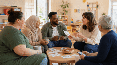 Erzieherin mit mehreren Eltern im freundlichen Gespräch