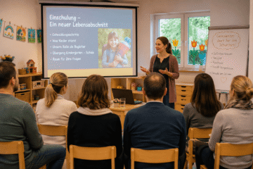 Erzieherin hält Elternabend ab zum Thema Einschulung mit Eltern der Vorschulkinder der Kita