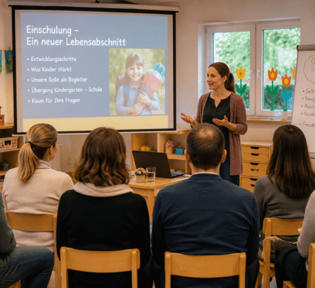 Erzieherin hält Elternabend ab zum Thema Einschulung mit Eltern der Vorschulkinder der Kita