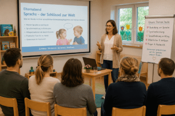 Kita Leitung hält Elternabend zum Thema Sprachförderung bei Kindern