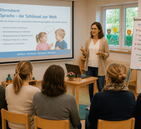 Kita Leitung hält Elternabend zum Thema Sprachförderung bei Kindern