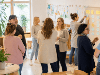 Elternabend in freundlichem Gruppenraum mit Großgruppenmoderation