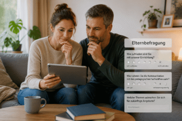 Eltern sitzen mit Tablet zuhause und befassen sich mit Elternbefragung der Kita.