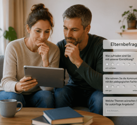 Eltern sitzen mit Tablet zuhause und befassen sich mit Elternbefragung der Kita.