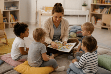 Erzieherin im Sitzkreis mit Kita-Kindern und schaut ein Buch an.