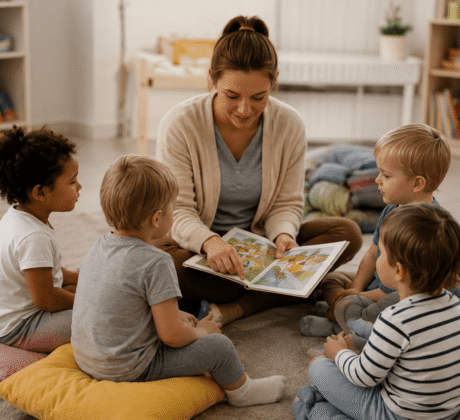 Erzieherin im Sitzkreis mit Kita-Kindern und schaut ein Buch an.