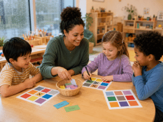 Erzieherin spielt Farben-Bingo mit drei Kita-Kindern am Tisch des Gruppenraums