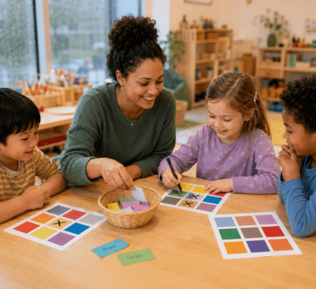 Erzieherin spielt Farben-Bingo mit drei Kita-Kindern am Tisch des Gruppenraums
