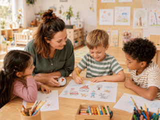 Erzieherin sitzt mit drei Kindern am Tisch und macht malerische Gedächtnisübungen mit ihnen