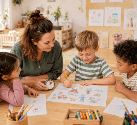 Erzieherin sitzt mit drei Kindern am Tisch und macht malerische Gedächtnisübungen mit ihnen