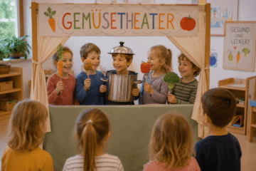 Kinder spielen Gemüsetheater in der Kita