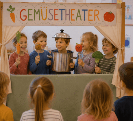 Kinder spielen Gemüsetheater in der Kita