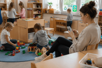 Erzieherin daddelt am Handy in Kita-Gruppenraum