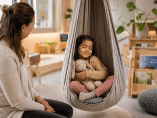 Kind mit Kuschelhasen ruht sich in Indoor-Schaukel im Gruppenraum aus.