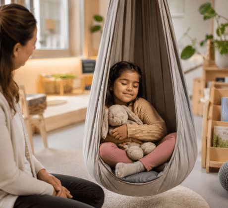 Kind mit Kuschelhasen ruht sich in Indoor-Schaukel im Gruppenraum aus.