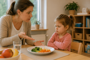 Kind verschränkt die Arme vor dem Essen und weigert sich zu essen.
