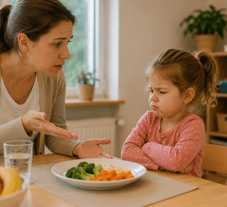 Kind verschränkt die Arme vor dem Essen und weigert sich zu essen.