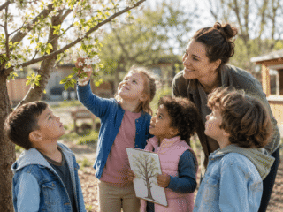 Erzieherin ist mit Kindern im Kita-Garten und sie schauen sich gemeinsam einen Kirschbaum im Frühling an