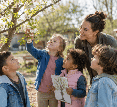 Erzieherin ist mit Kindern im Kita-Garten und sie schauen sich gemeinsam einen Kirschbaum im Frühling an