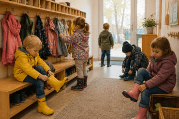 Kinder in der Kita ziehen sich an