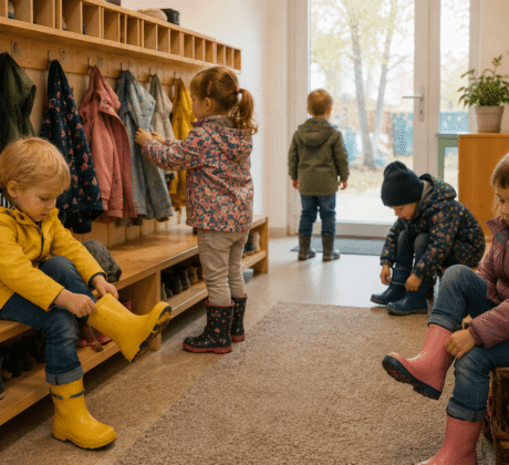 Kinder in der Kita ziehen sich an