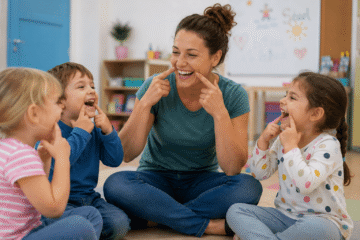 Erzieherin macht Lach-Yoga-Übungen mit Kindern ihrer Kita-Gruppe
