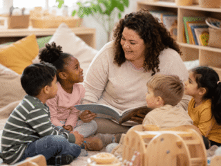 Erzieherin sitzt mit Kindern in Kuschelecke und liest Bücher
