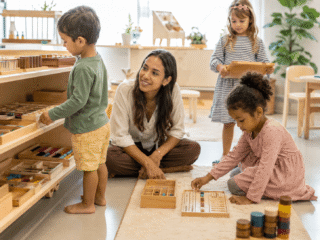 Erzieherin in Montessori-Kindergarten begleitet Kinder im selbstständigen Spiel mit Holz-Materialien.