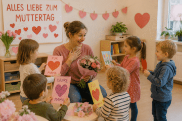 Erzieherin umgeben von kindern, die Karten für ihre Mütter vorbereitet haben