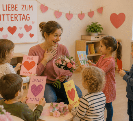 Erzieherin umgeben von kindern, die Karten für ihre Mütter vorbereitet haben