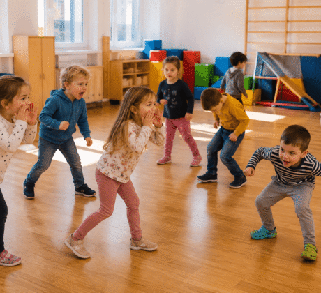 Kinder üben "nein"-Sagen un geschütztem Rahmen und gehen durch die Turnhalle.