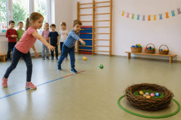 Kinder in Turnhalle werden Eier in großen Korb