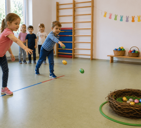 Kinder in Turnhalle werden Eier in großen Korb