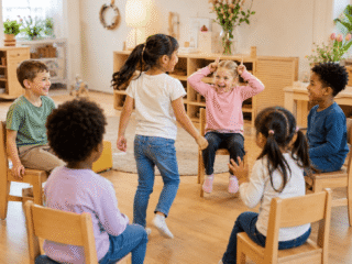Kinder in Stuhlkreis spielen Hasen-Spiel zu Ostern