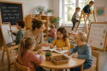 Erzieherin in Gruppenraum mit einigen Ü3-Kindern, Symbol für Situationsansatz in der Pädagogik