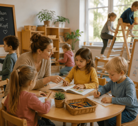 Erzieherin in Gruppenraum mit einigen Ü3-Kindern, Symbol für Situationsansatz in der Pädagogik
