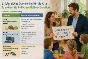 Vater und Kita-Leitung halten Schild hoch "Gemeinsam für unsere Kinder", Symbol für Sponsering