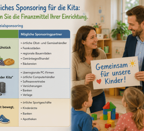 Vater und Kita-Leitung halten Schild hoch "Gemeinsam für unsere Kinder", Symbol für Sponsering