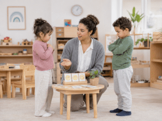 Erzieherin schlichtet Streit zwischen Kindern in der Kita