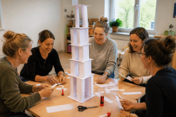 Erzieherinnen bauen im Team einen Turm.