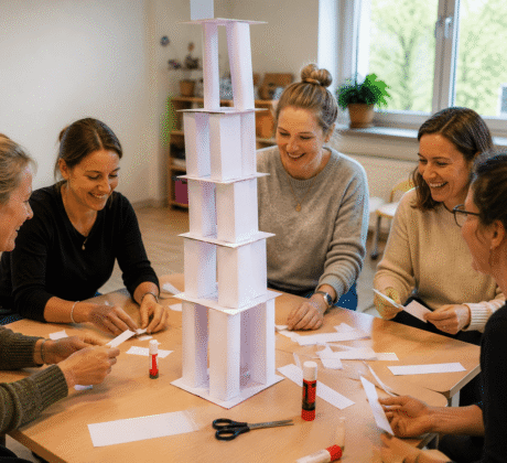 Erzieherinnen bauen im Team einen Turm.